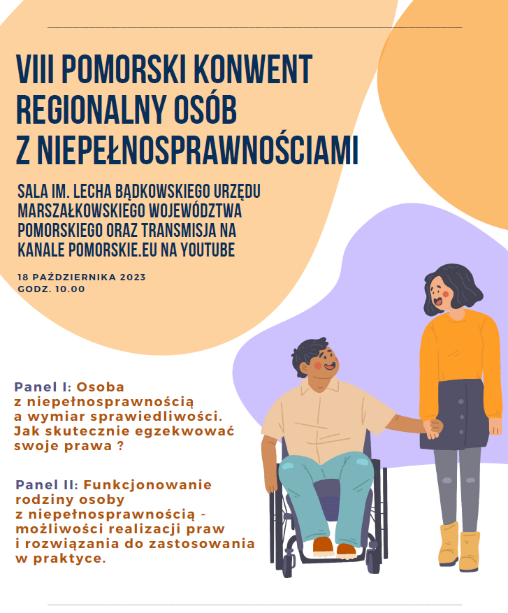 Plakat przedstawiający zaproszenie na konwent osób niepełnosprawnych w sali im. Lecha Bądkowskiego urzędu marszałkowskiego województwa Pomorskiego oraz transmisja na kanale pomorski.eu na Youtube  18 października 2023 o godzinie 10:00